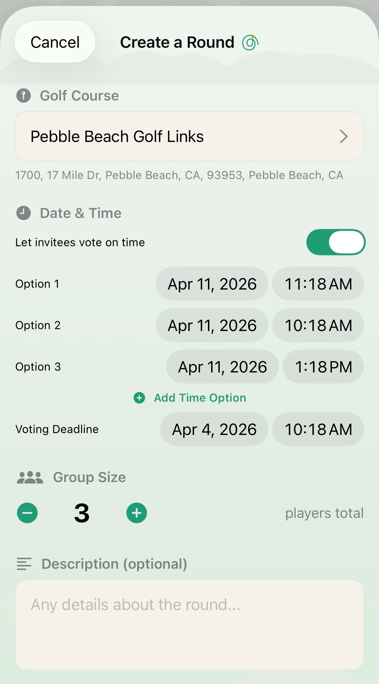 Create a round with course, tee times, and group size