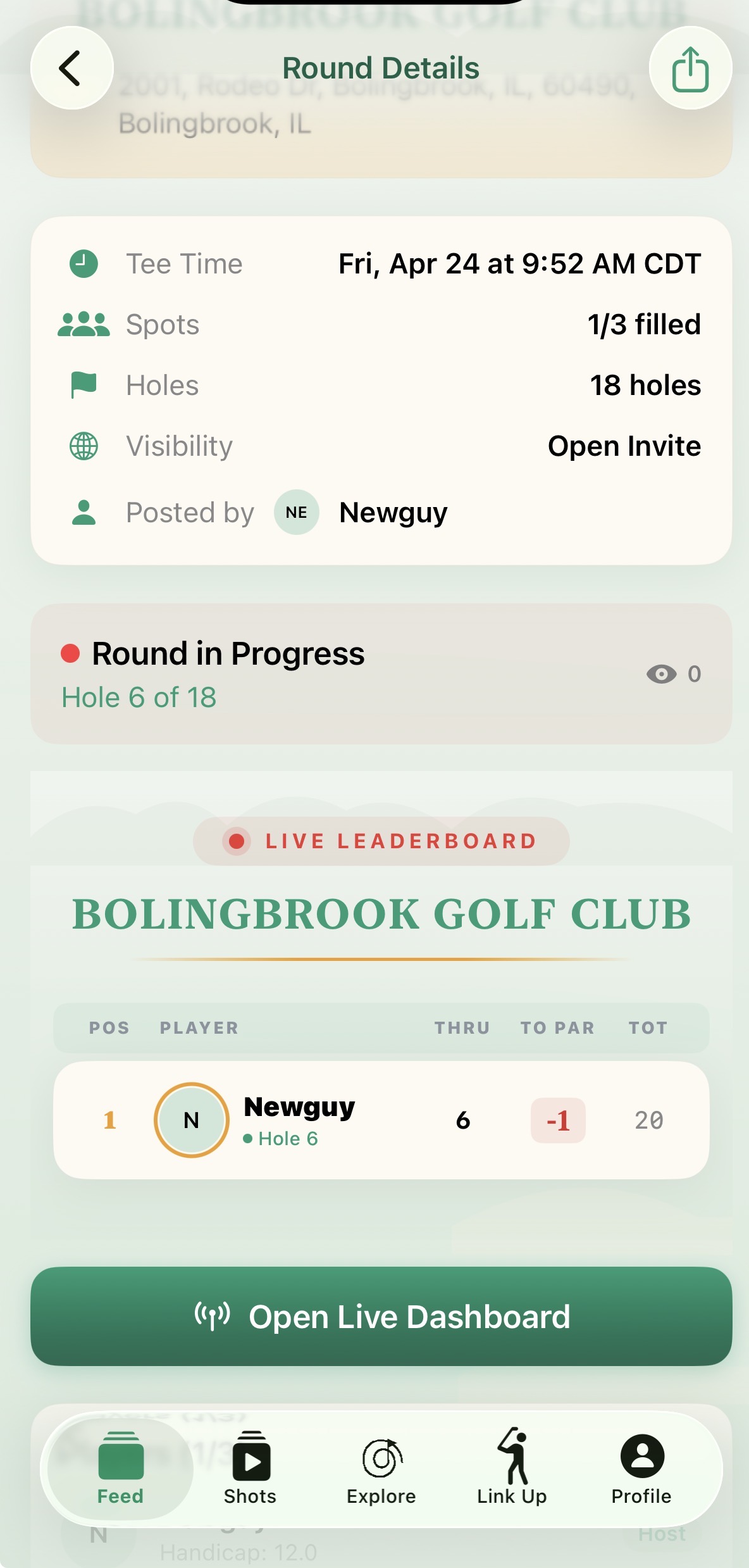 Live round in progress with leaderboard